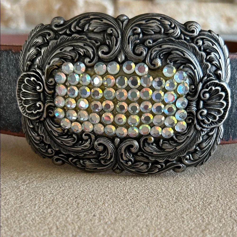Fossil Black Leather Belt with Silver and White Buckle